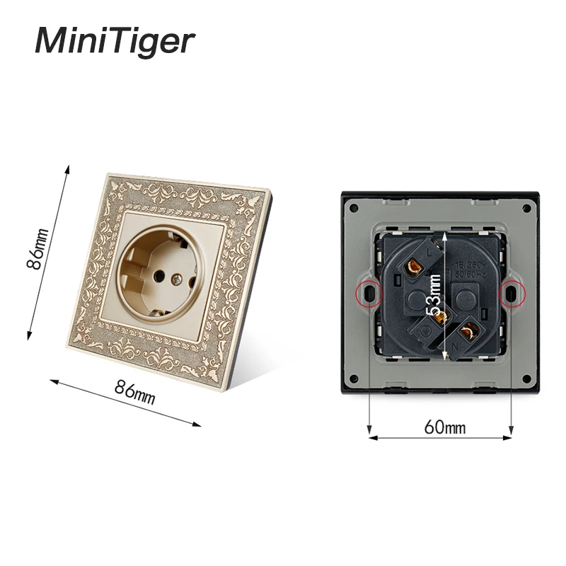 Minitiger 16A EU Standard Gold Power Socket 4D Embossing Retro Zinc Alloy Panel Wall Power Socket AC 110~250V