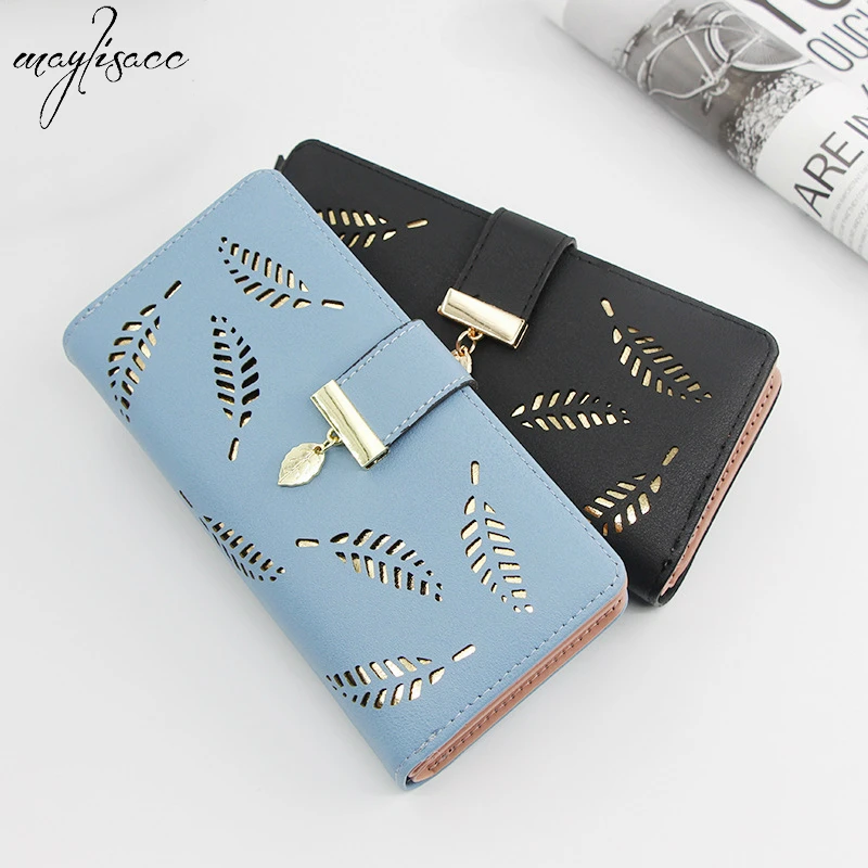 

Maylisacc 2019 Korean PU Women's Long Wallet Leaf Hollow Wallet Zipper Phone Bag Hand Bag 6 Color Female Wallet and Purse