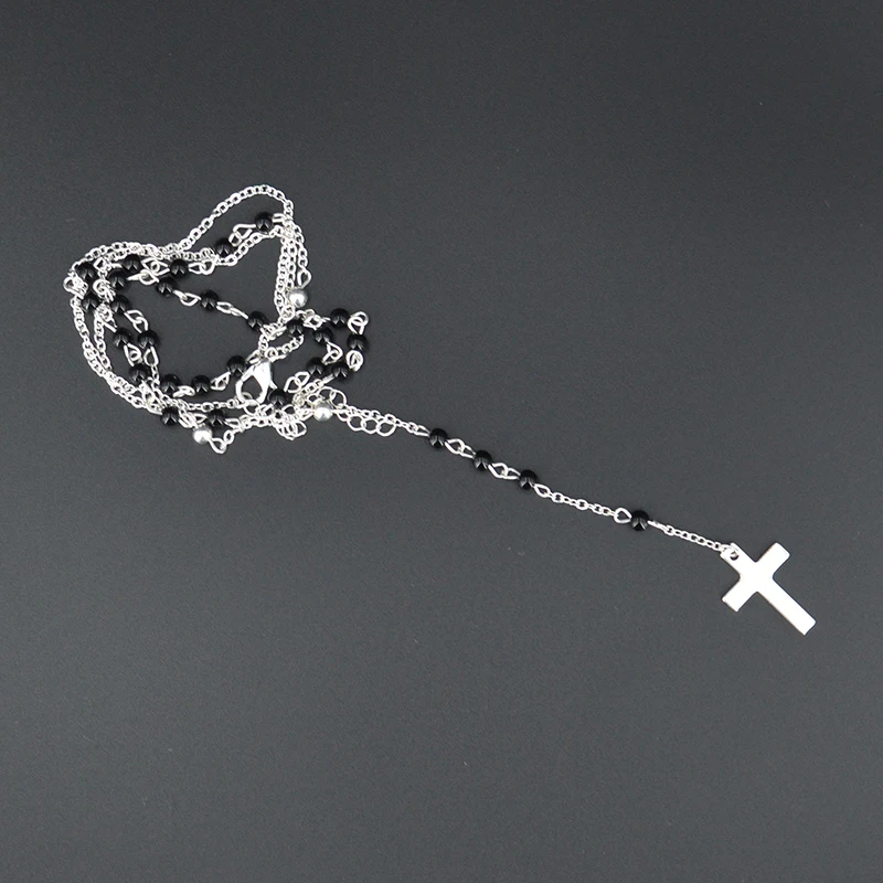 Long Tassel Cross Pendant Necklaces for Women Jewelry Sweater Rosary Black Beads Chain Necklace Collier Femme Kolye Bijoux