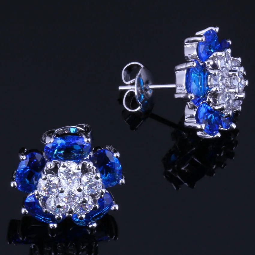 

Enjoyable Flower Blue Cubic Zirconia White CZ 925 Sterling Silver Stud Earrings For Women V0869