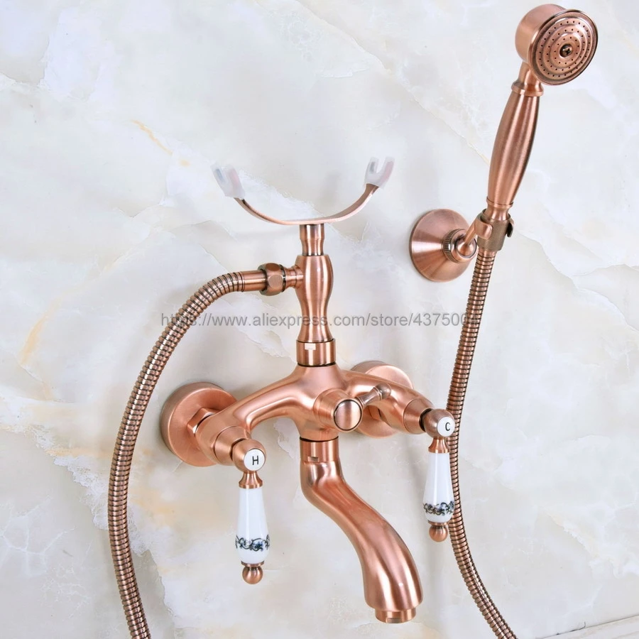 Antique Red Copper Bathroom Clawfoot Bath Tub Faucet Mixer Tap Ceramic Handle Hand Shower Head Nna365