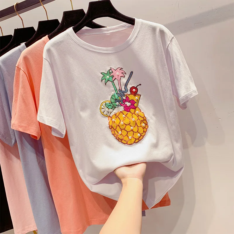 

2019 Summer New Embroidery Fruit Pineapple Sequin Beaded T-shirt Female Foreign Short-sleeved Soft Sister Student Cotton Tees