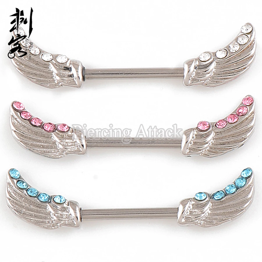 Free Shipping14 Gauge Body Jewelry Surgical Steel Angel Wings With Gems Nipple Ring For Women