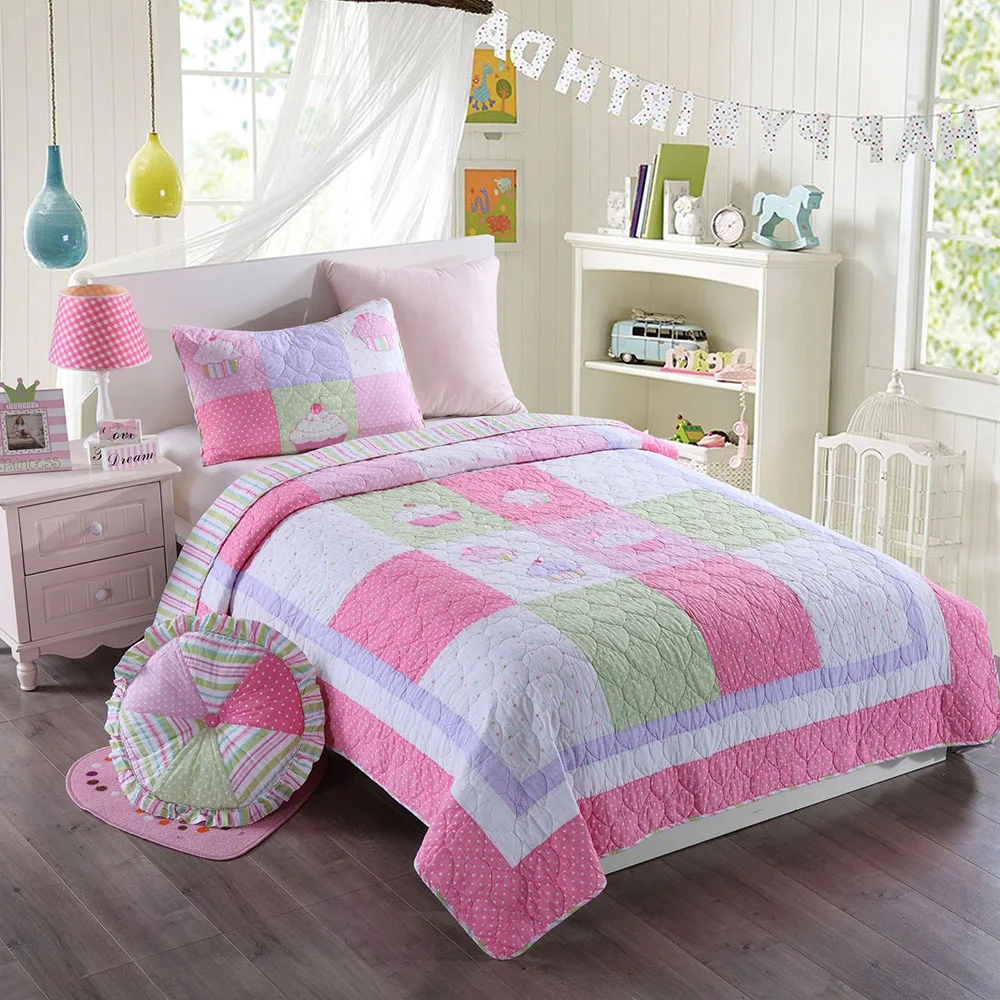 

CHAUSUB Kids Bedspread Quilt Set 2PC Coverlet Patchwork Applique Quilts Washed Cotton Bed Covers Girls Bedding Twin Size Blanket