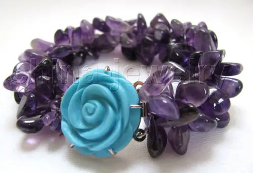 

Beautiful 8" 3row natural amethyst bracelet-turquoise clasp e SHIPPING 5.26 -Bride jewelry free shipping