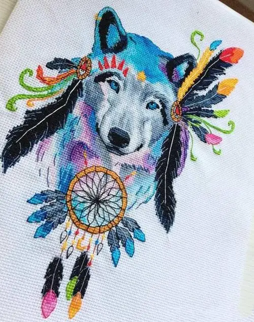 cs-2096 Cross Stitch Kit Colorful Feather Indian Wolf Totem Noble Animal