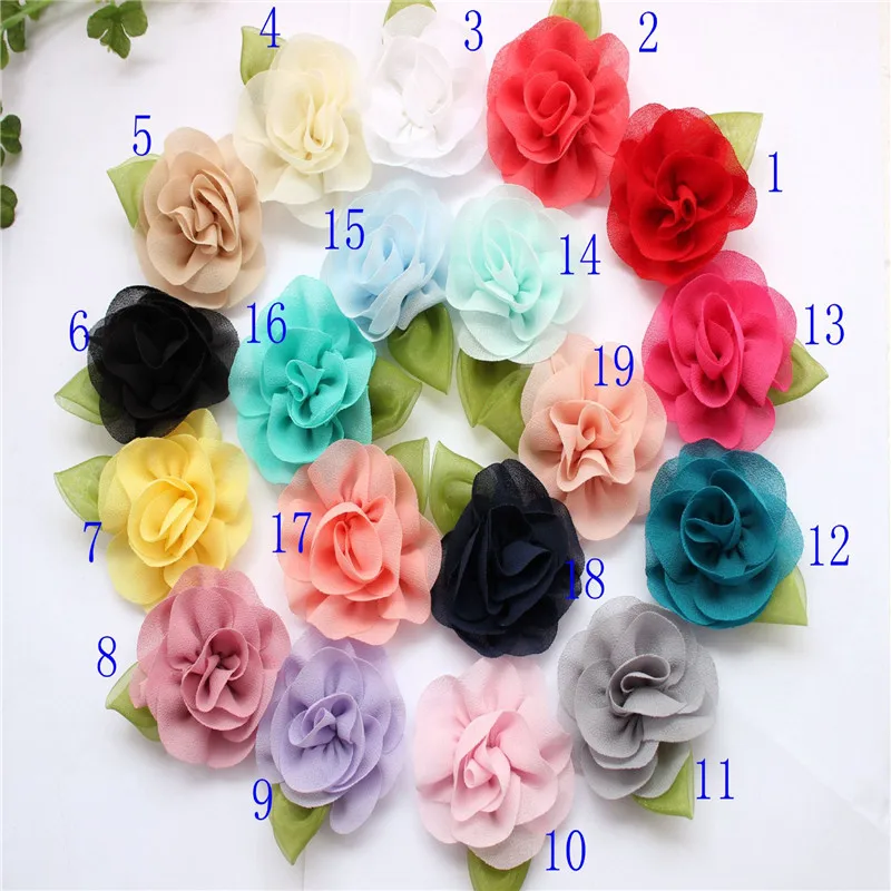6CM Polyester Chiffon Flower 35pcs/lot Boutique DIY Craft Garment rose with leaves Hair Accessories |