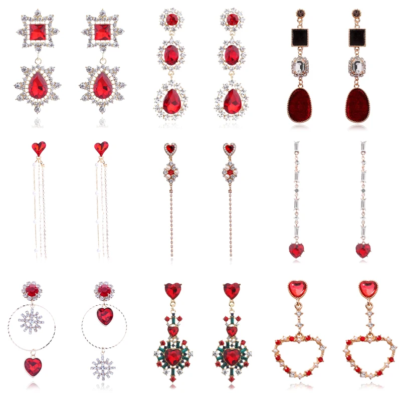 

New Fashion Women Vintage Crystal Love Heart Drop Earrings Rhinestone Simualated Pearls Long Statement Pendientes Girl Gift