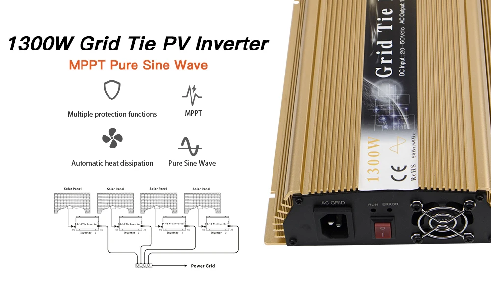 1300W Grid Tie Solar Inverter, Input 18V, 30V,36VDC, Max 1500W solar or wind power, MPPT function, high quality, free shipping