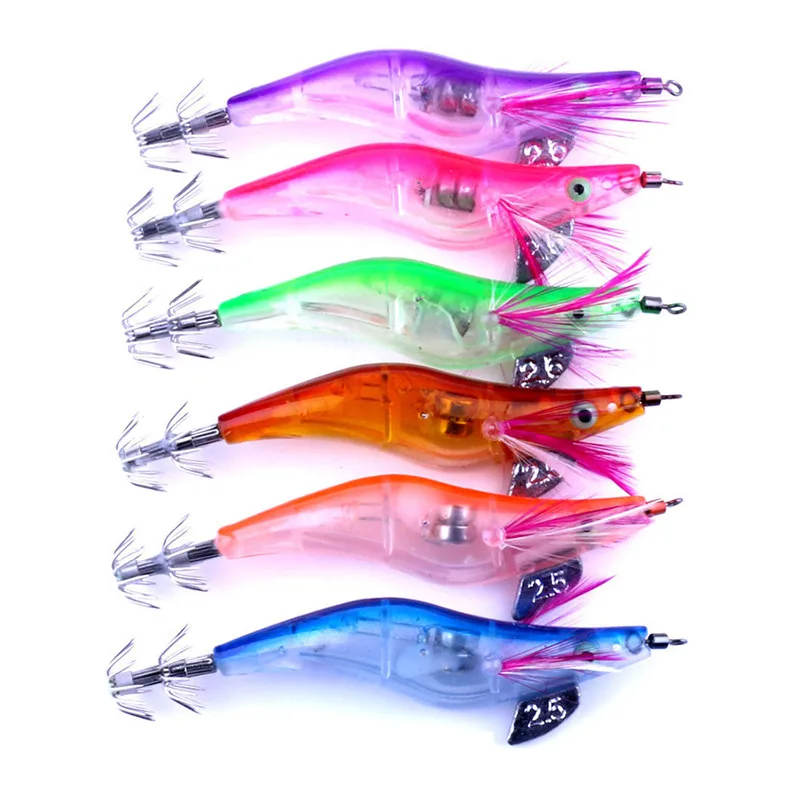 6pc Fishing Lures Hooks LED Electronic Light Prawns Curls Squid Jigs Bait Bass Lure Fish Equipment Wobblers Lifelike C3