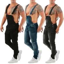 2019 new men's jeans fashion overall casual cotton one-piece jeans trousers wash broken pocket pants bib 2.28