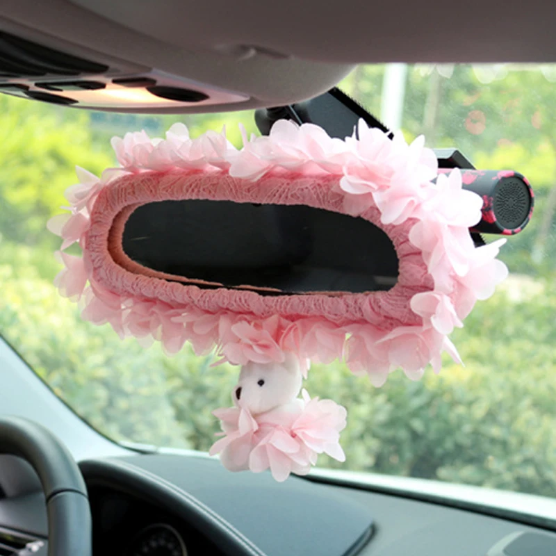 Car rearview mirror protective sleeve female cartoon lace bear car
