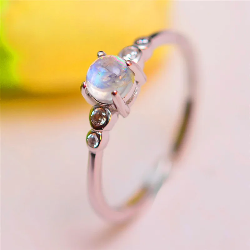 

Cute Female Small Round Moonstone Ring Real 925 Sterling Silver Wedding Bands Adjustable Ring Promise Engagement Rings For Women