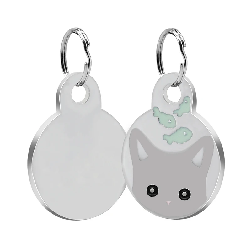 Loverly Anti-lost Stainless Steel Personalized Round Dog Tag Custom Cat Engraved Name Tags Cute Kitten Face ID Tags - Цвет: grey