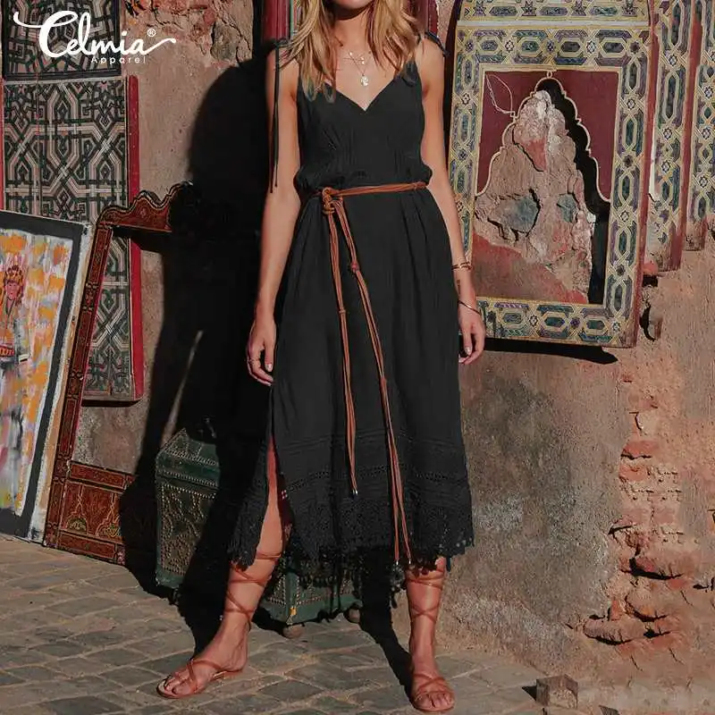 Celmia 2019 الصيف النساء البوهيمي الشاطئ مثير السباغيتي حزام فستان بفتحة عنق على شكل v عارضة أكمام الدانتيل خليط انقسام اللباس زائد حجم