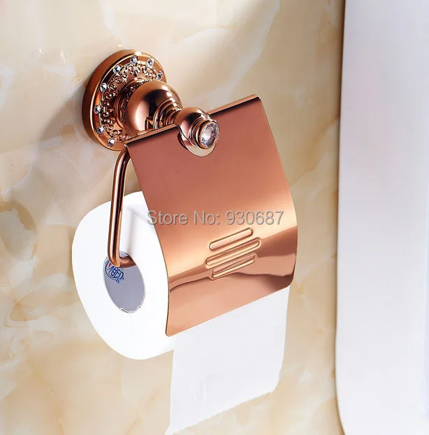 

Rose Gold Plated Bath Wall Mount Flower Carved Toilet Paper Holder With Crystal