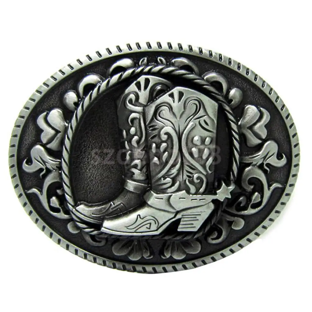 Antique Silver Oval Zinc Alloy Belt Buckle Horse Riding Boots Pattern Western Cowboy 9x7cm