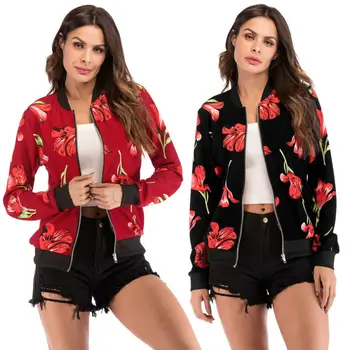 

New Fashion Women Slim Retro Floral Zip Up Bomber Jackets Ladies Casual Coat Outerwear Autumn Spring Fitness Jacket Dropshipping
