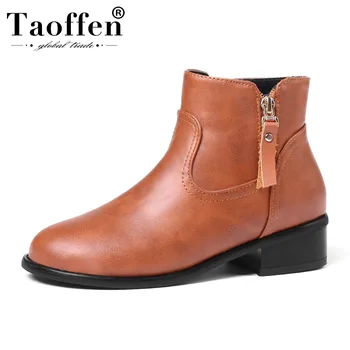 

Taoffen New Women Ankle Boots Round Toe Zipper Flats Shoes Winter Keep Warm Fur Black Boots Women Footwear Plus Size 34-46