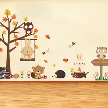 Лес Сова бабочка качели кролик, белка наклейки на стену животное Дерево для детской комнаты детский домашний декор для детской комнаты