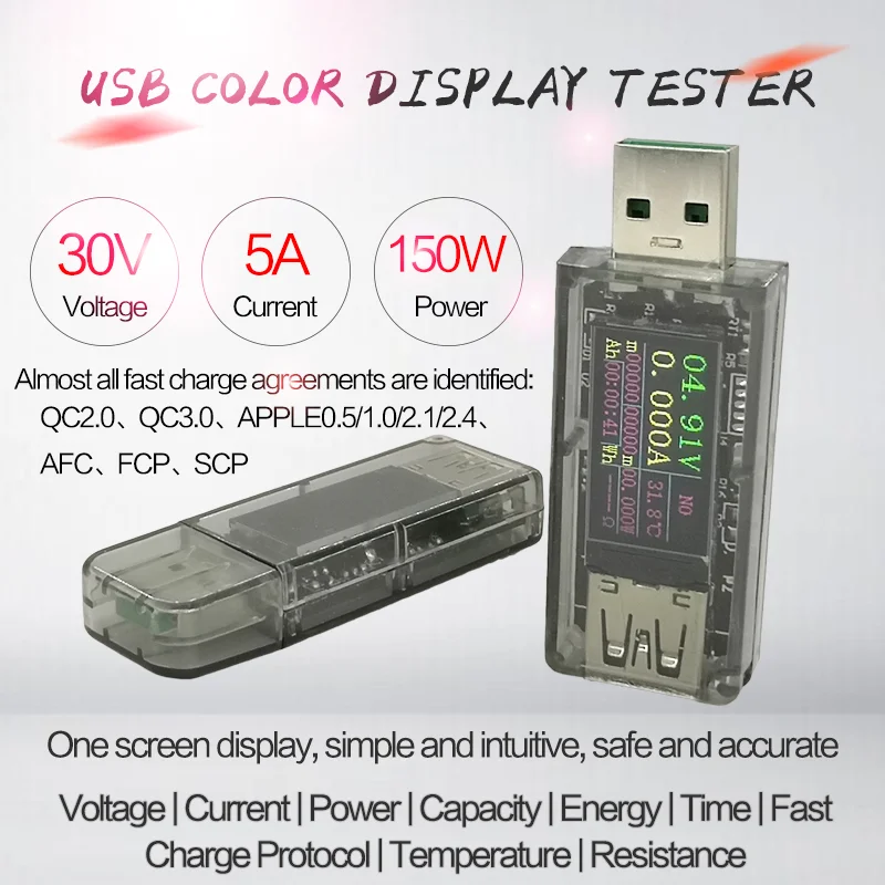 DC Цифровой 30 в 5A USB тестер Напряжение Ток Мощность измеритель емкости QC 2,0 3,0 FCP AFC DCP детектор Банк питания зарядное устройство индикатор