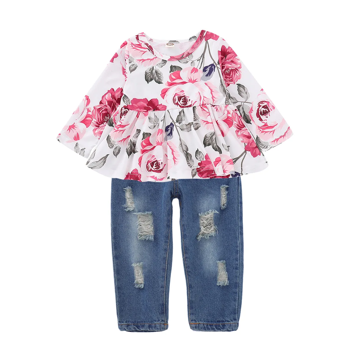 Girls Denim Suit Hot New Floral Long-sleeved Girls Clothes Waist Shirt Hole Cow Children Flower Print Set