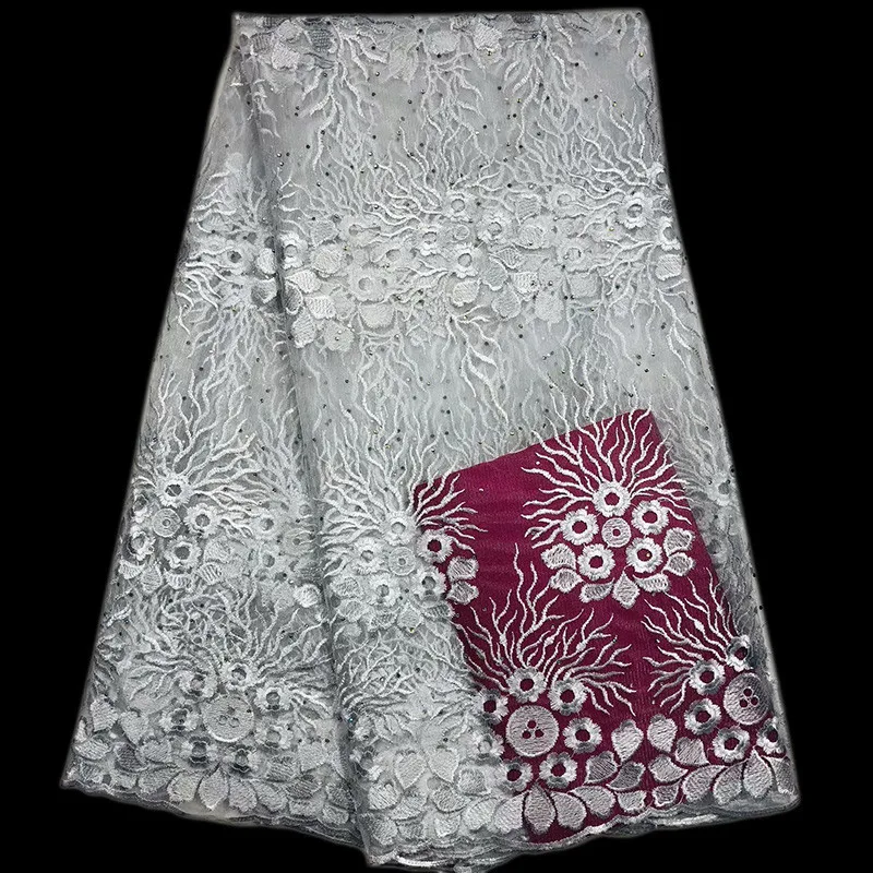 

ZF73 free shipping embroider gauze lace with beads for daily dress ,high quality African net Lace Fabric pure white for wedding