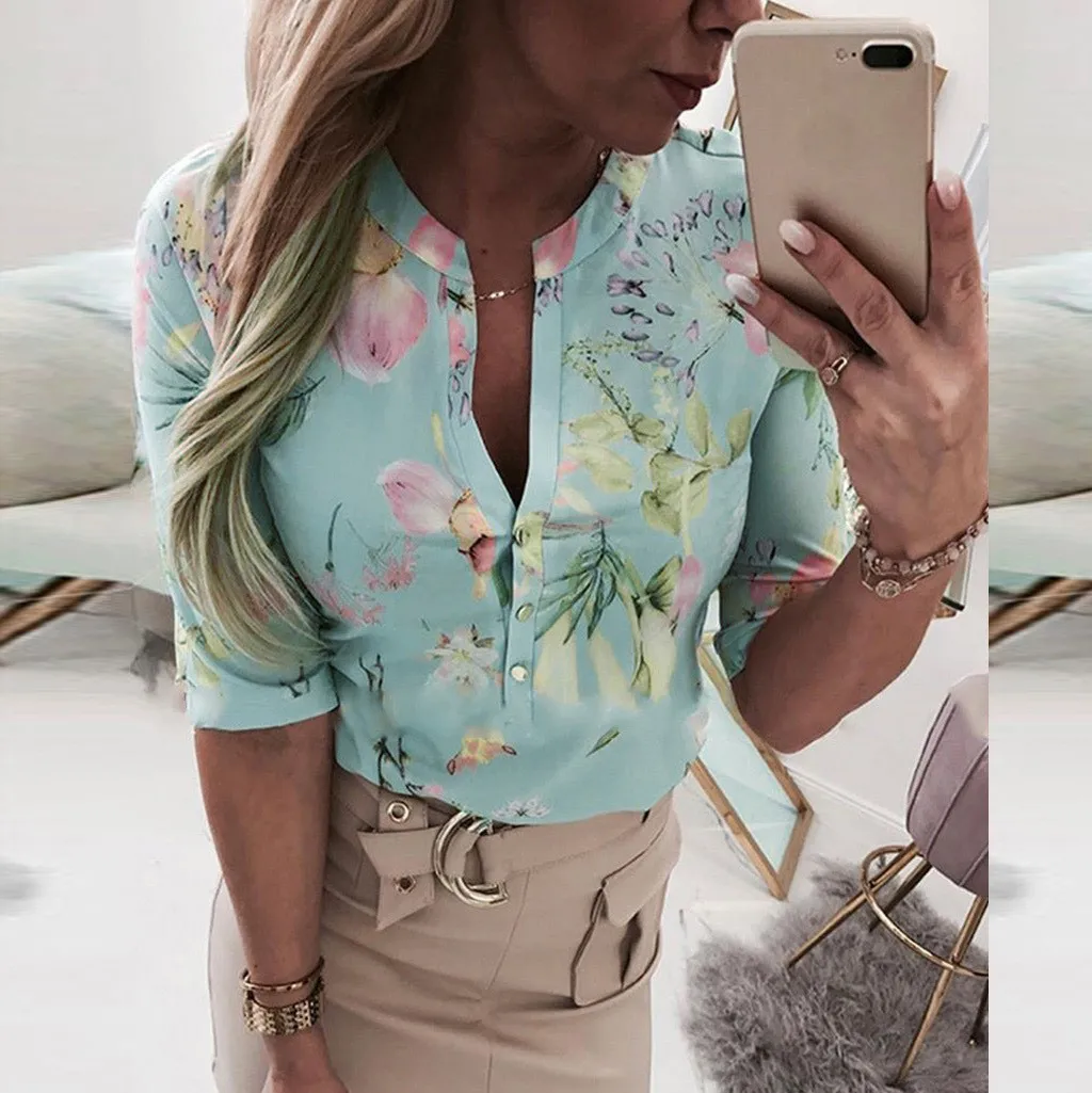 

Short Sleeve top women spring clothes Floral Printed t-shirts women fashion 2019 v-neck summer top elegant camiseta muje#P6