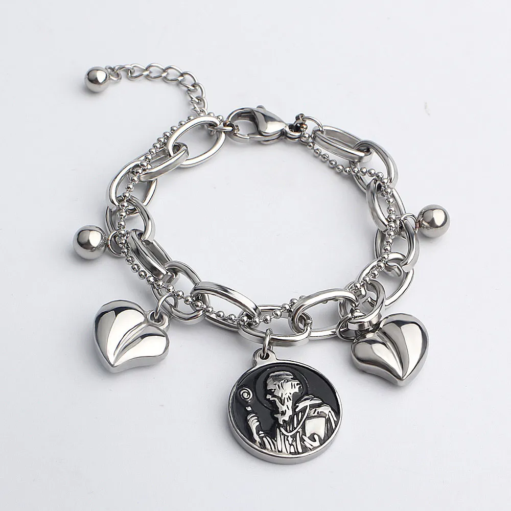 FINE4U B128 Сан Бенито медаль-Амулет браслет двойной слой Фигаро цепи браслеты для мужчин женщин трендовые Религиозные ювелирные изделия - Окраска металла: Silver