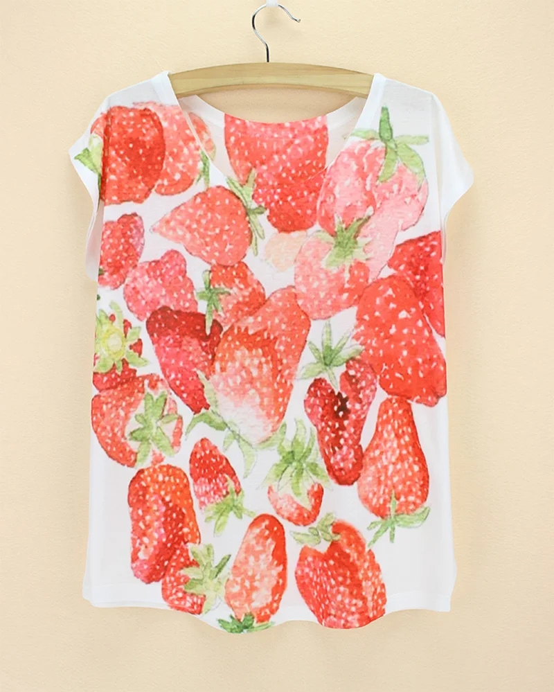 

Novelty strawberry pattern tshirt women fashion 2015 new arrival summer clothing ladies tops tees low price free shipping