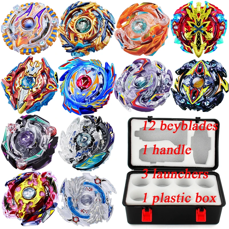 New Beyblade Set 12pcs Gyro 3pcs Launcher With Handle Plastic Box Spinning Top Metal Funsion 4D