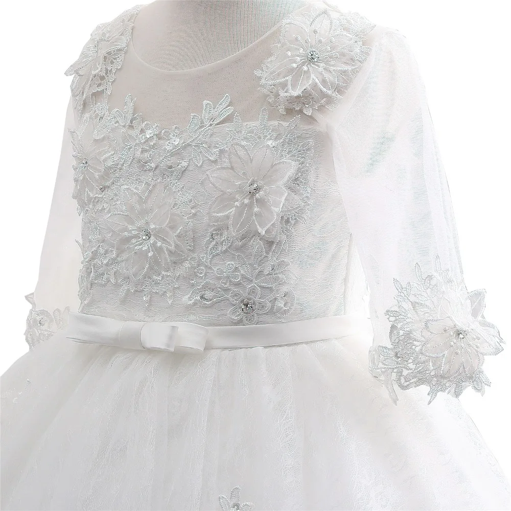 Нескользящие элегантная белая аппликация Платье с кружевными цветами для девочек плиссированные юбки для девочек Платье для первого
