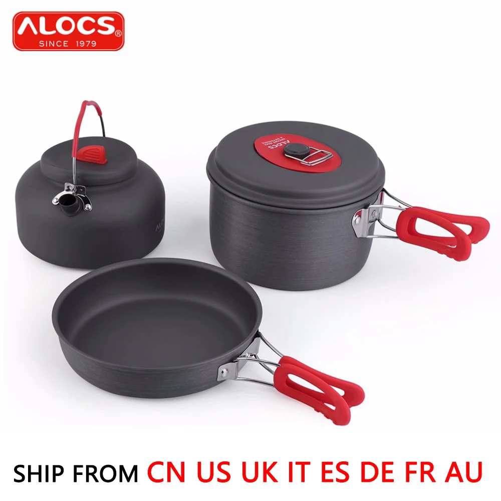 

ALOCS 2-3 People Outdoor Cookware anti-skid Camping Picnic Non-Stick Cooking Set 1.4L Kettle +7.5' Fry Pan +2.2L Pot CW-C19T