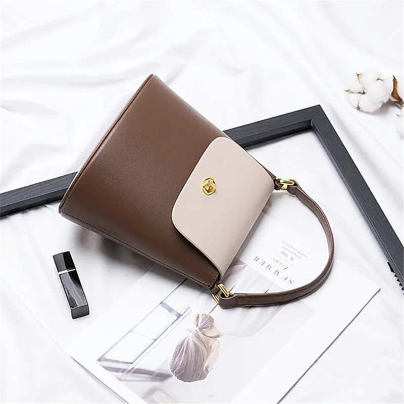 

Fashion Trend Vintage Genuine Leather Women Handbags Bucket Bags Shoulder Bags Solid And Contrast Color Crossbody bag