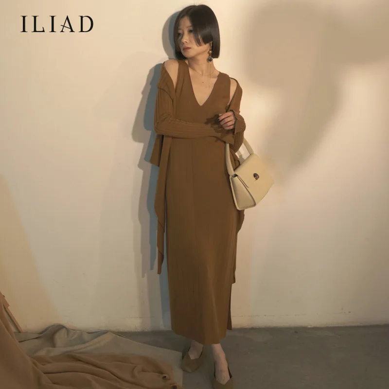 Оригинальный ILIAD Дизайнерский Костюм-платье 2018 Осень Вязание два бумажный костюм