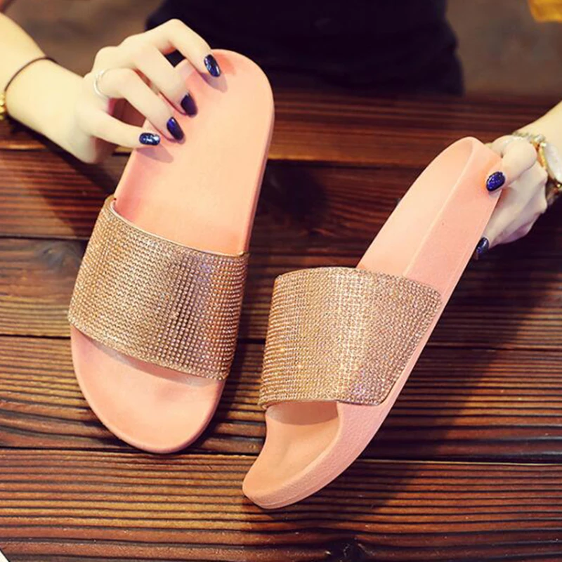 

Women Slippers Crystal Flat Heel Summer Shoes Female Indoor Outside Bling Beach Slides Open Toe Rhinestone Ladies Shoe flip flop