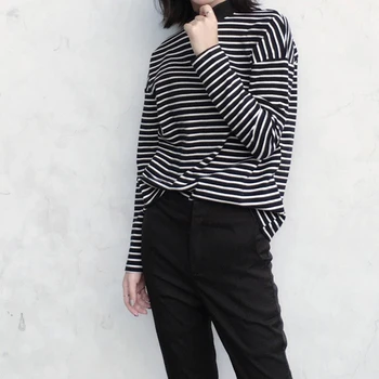 

New Women Turtleneck Korean Style T Shirt Harajuku Crop Top Long Sleeved Striped Tops Female T Shirt Summer Casual Tops