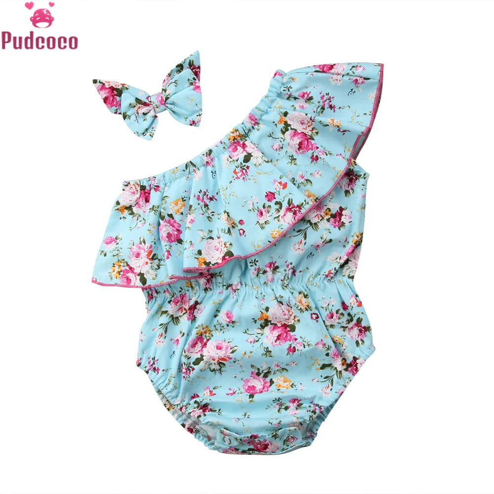 

Cute Infant Toddler Clothes Printing Floral Baby Girl Romper Off Shoulder Jumpsuit and Headband Sunsuit 0-24M