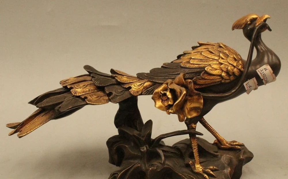 

7" China Chinese Folk Purple Bronze 24K Gold Beautiful Peacock Peafowl Statue Sc