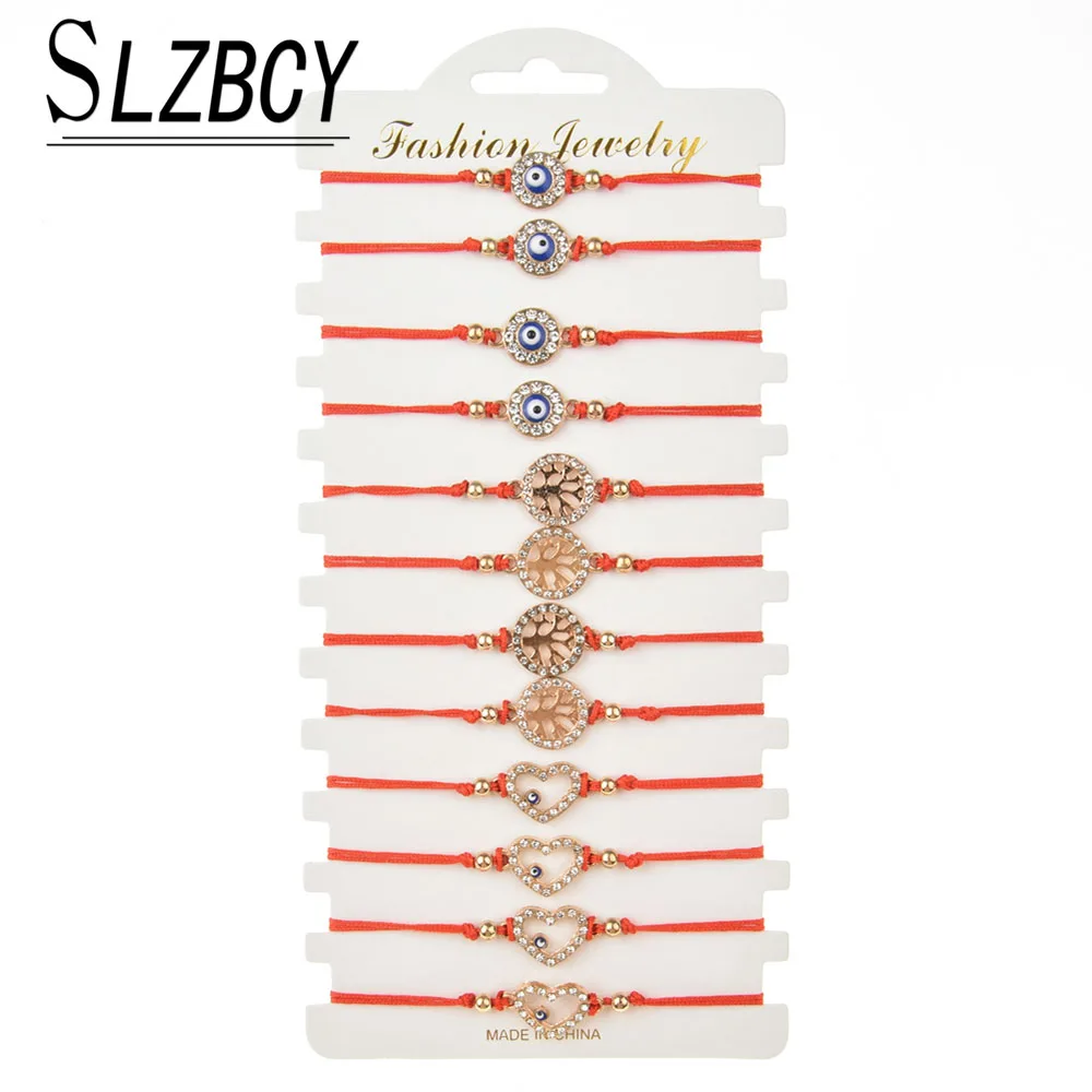 

12pcs/set Tree of Life Evil Eye Charm Bracelets Set Heart Rhinestone Red Rope Braided Wristband Fashion Women Adjustable Jewelry