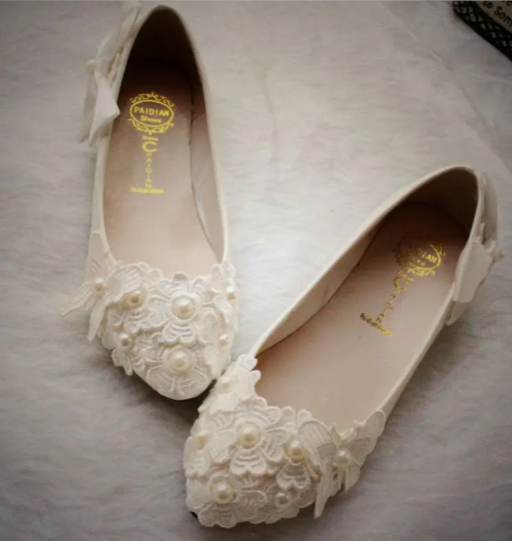 Lace Wedding Shoes Pearls Closed Toe Shoes Lace Flat Shoes Ivory