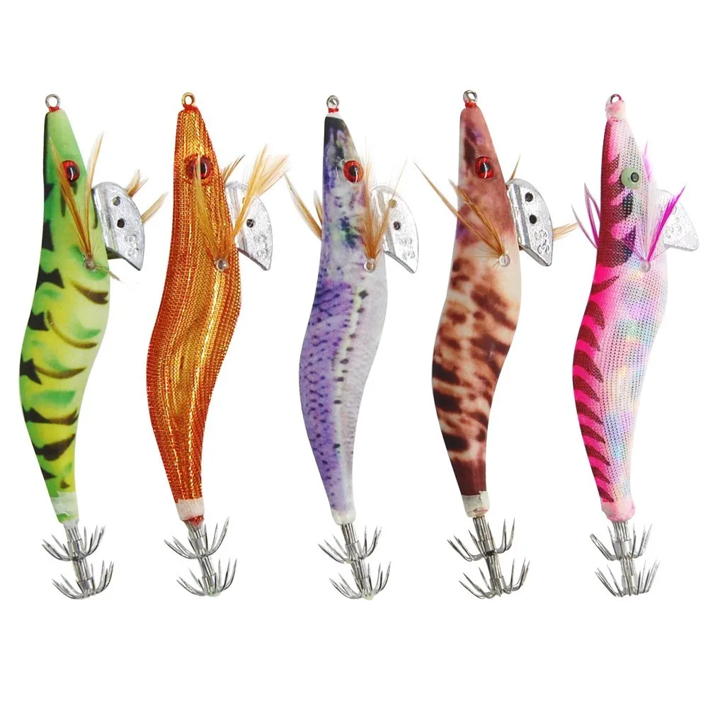 

Hyaena 10pcs Mixed Color Tail Fishing Lures Squid Jigs 2.5# 3.0# 3.5# Squid Bait Jig Hooks Wood Shrimp Octopus Lure Hooks