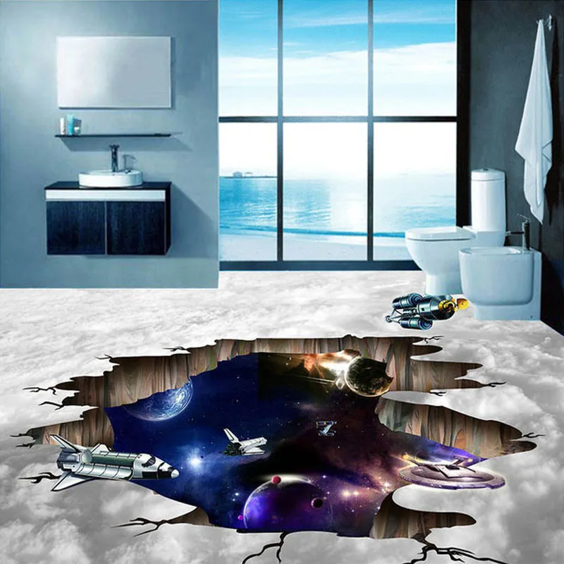 

Custom 3D Floor Wallpaper Cosmic Space Planet Spaceship Bathroom Floor Sticker Printing Paper PVC Self-adhesive Mural Wallpaper