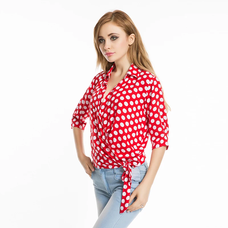 

Dioufond Women Blouses Polka Dot chiffon Polka Dots Tops V-Neck full Sleeve Woman Loose Blouse Fashion Shirts big size 4XL