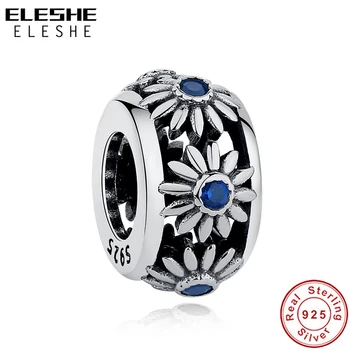 

ELESHE 925 Sterling Silver Charm Daisy Flower Blue CZ Spacer Beads Fit Original Charms Bracelets Silver 925 DIY Jewelry