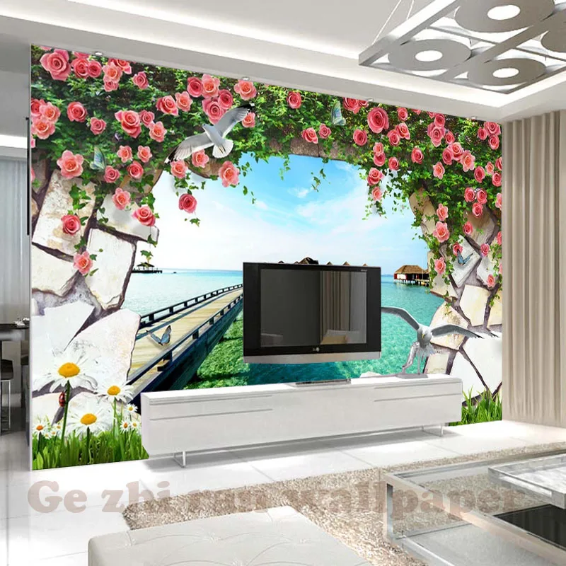 

Custom Mural Wallpaper European sea 3D stereoscopic Rose TV background Wallpaper Living Room Home Decor
