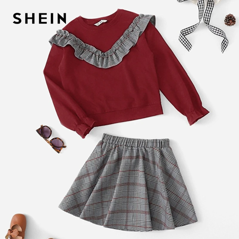 

SHEIN Kiddie Plaid Ruffle Sweatshirt And Flared Skirt Two Piece Girl Clothes Set 2019 Long Sleeve Colorblock Cute Kids Suit Sets