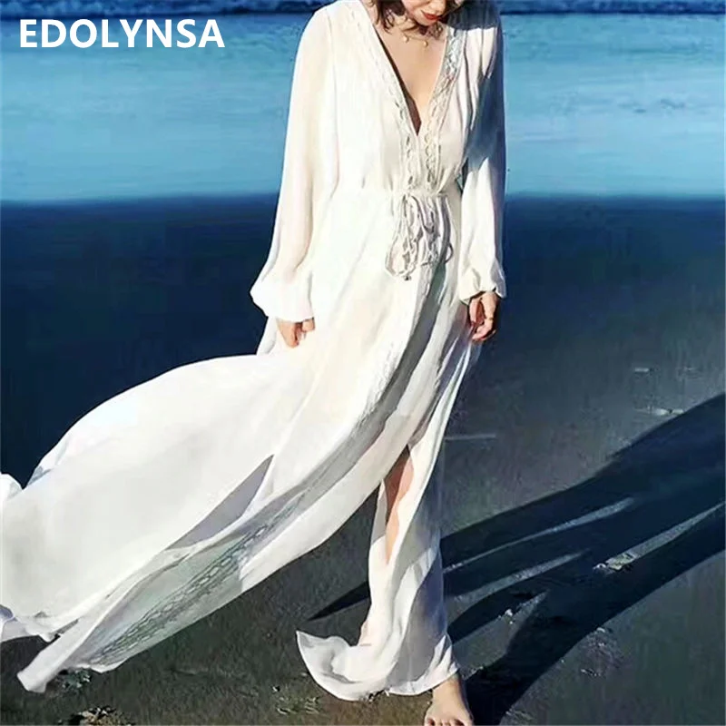 

Long Beachwear 2019 Summer Pareo Beach Cover Up Chiffon White Bikini Cover Up Kaftan Saida De Praia Swimsuit Cover Up #Q399