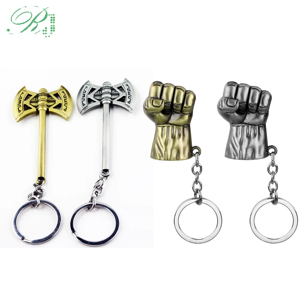 

RJ 20pcs/Lot Hot Movie Avengers 3D Hulk Hand Keychains Thor Axe Hammer Key chain Keyring Choker Men Lady Xmas Cosplay Jewelry