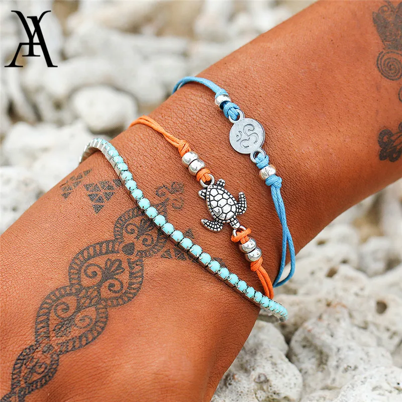 

3 PCS/Set Bohemian Ocean Beach Yoga OM Turtle Charm Bracelet Set Handmade Adjustable Rope Chain Bracelets for Women Bileklik